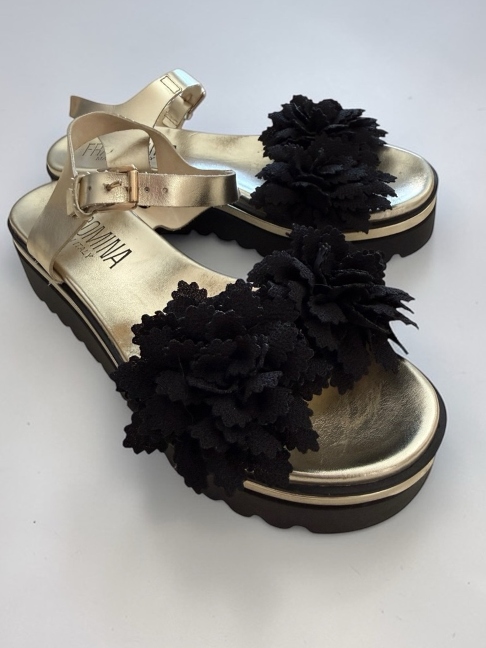 Italian Gold Leather Metallic Platform Sandals with Black Floral Detail Euro 39